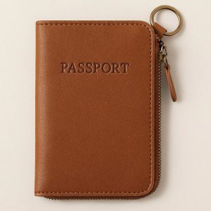 Vegan Leather Passport Cover with Zipper Closure and Key Ring
