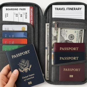 Family Travel Passport Holder with Multiple Document Pockets Organizer